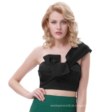 Belle Poque Sexy Womens Asymmetrische Eine Schulter Große Bow-Tie Verziert Cropped Black Tops BP000343-1